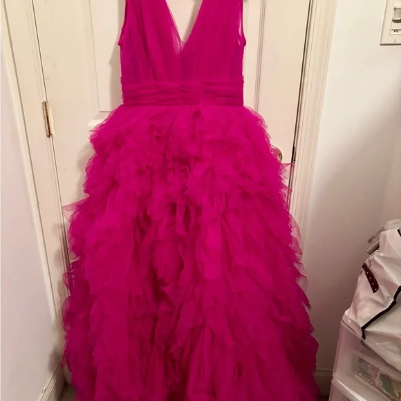 Mac Duggal Vibrant Fuchsia Layered Midi Dress - Picture 5 of 5